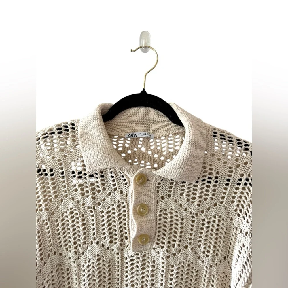 ZARA Crochet Light Beige Open-Knit Polo collar  Sweater size M